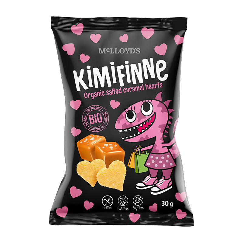 Kukuričné srdiečka Bio  Kimifinne s príchuťou slaného karamelu