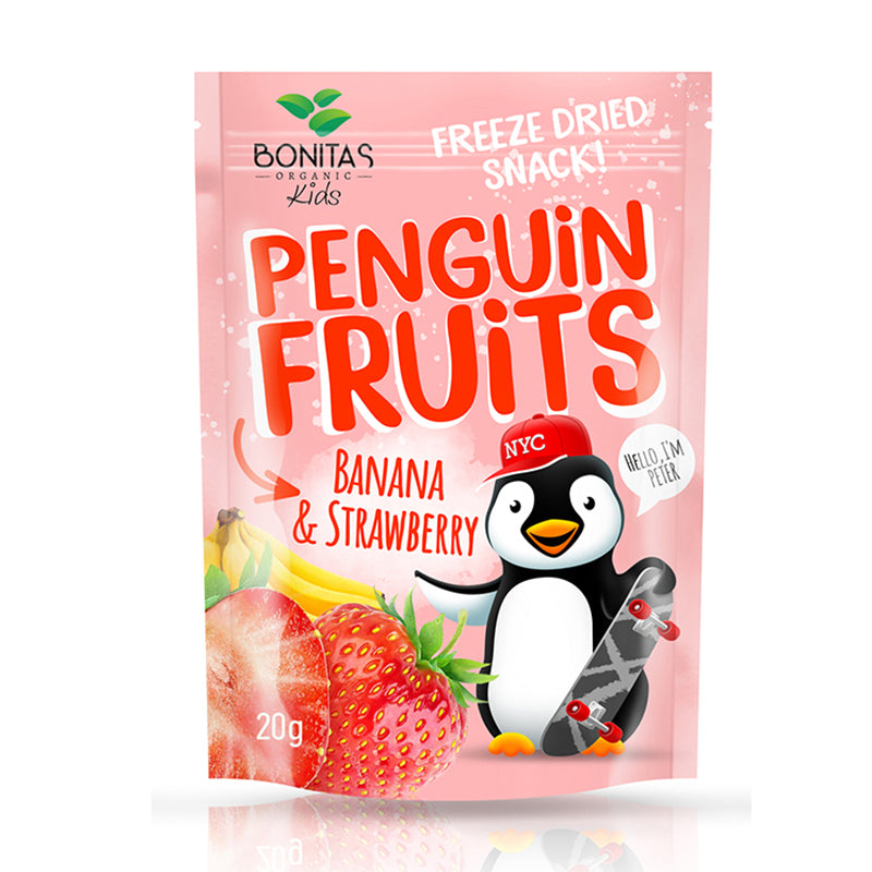 Zmes Bio sušených banánov a jahôd Penguin Fruits