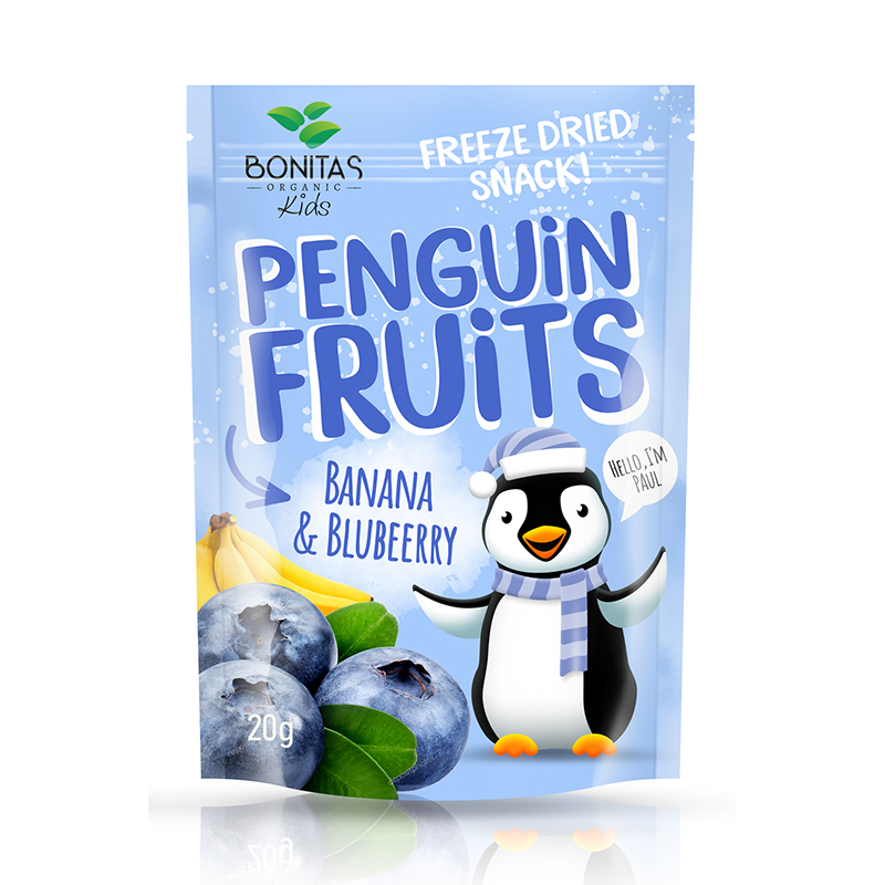 BONITAS ORGANIC BIO zmes sušených banánov a čučoriedok Penguin Fruits 15 g