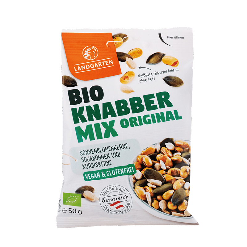 Landgarten Organický mix Knabber Original, slnečnicové jadierka, sójové bôby a tekvicové jadierka 50 g